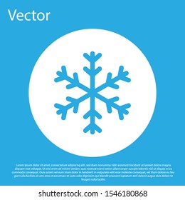 Blue Snowflake icon isolated on blue background. White circle button. Vector Illustration