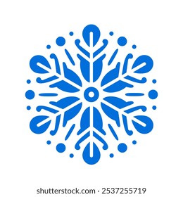 Icono azul del copo de nieve en el fondo blanco. Ilustración vectorial plana aislada