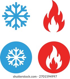 Icono azul del copo de nieve y icono rojo de la llama con versiones circulares invierno frío