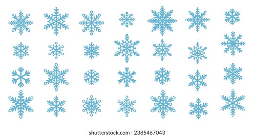 Blue snowflake icon set, cute hand drawn snow illustration elements, doodles with round shapes.