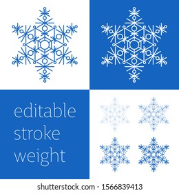 Blue snowflake icon - a symbol of winter holidays, Christmas and New year, cold weather and frost - isolated on white background. Elegant vector design element with editable stroke weight.