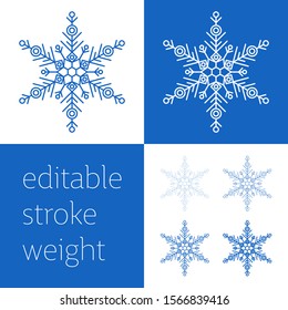 Blue snowflake icon - a symbol of winter holidays, Christmas and New year, cold weather and frost - isolated on white background. Elegant vector design element with editable stroke weight.