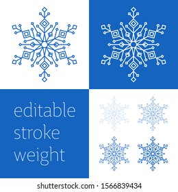 Blue snowflake icon - a symbol of winter holidays, Christmas and New year, cold weather and frost - isolated on white background. Elegant vector design element with editable stroke weight.