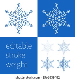 Blue snowflake icon - a symbol of winter holidays, Christmas and New year, cold weather and frost - isolated on white background. Elegant vector design element with editable stroke weight.