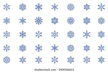 Blue Snowflake Icons Collection  In Line Style Isolated On White Background.  New Year Design Elements, Frozen Symbol, Vector Illustration