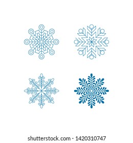 Blue snowflake icons set. Simple flat design collection. Symbol of winter and cold. Vector illustration for winter holidays and events.