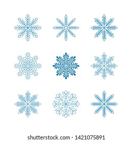 Blue snowflake icons set. Simple flat design collection. Symbol of winter and cold. Vector illustration for winter holidays and events.