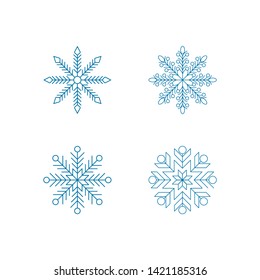 Blue snowflake icons set. Simple flat design collection. Symbol of winter and cold. Vector illustration for winter holidays and events.