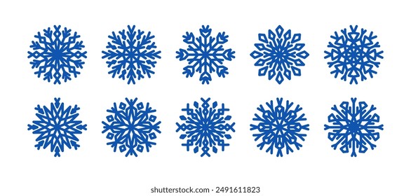 Blue snowflake icons set, winter vector illustration. Collection line art snowflakes, crystal ornament. Design element for new year, christmas cards. Outline snow flakes for winter design, decor.