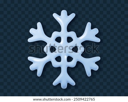 Blue snowflake isolated. 3d realistic pastel glossy winter symbol on white background. Christmas decoration.