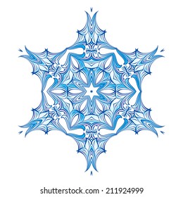 Blue snowflake isolated on a blue background.