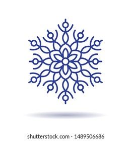 Blue snowflake isolated on white background. Snow element with shadow for Happy New Year and Merry Christmas holidays decoration. Beautiful and simple winter season design vector illustration.