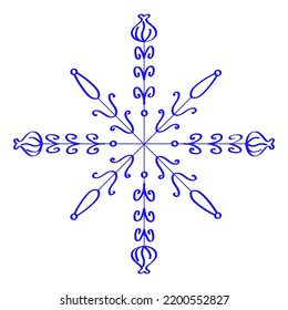 A blue snowflake in a linear style. Isolated vector illustration design on a white background. Snowflake for postcards, banners. Decorative border.A blue snowflake in a linear style. Isolated vector i