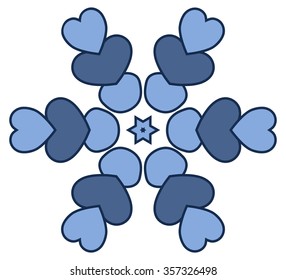 Blue snowflake made of hearts isolated on white background