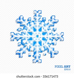 Blue snowflake made of three-dimensional cubes on a white background. Pixel art style. Mosaic background of geometric shapes. Vector illustration. 