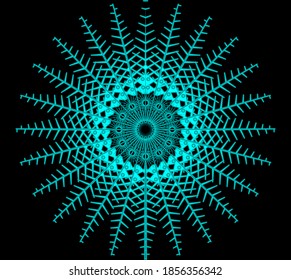 Blue snowflake with many rays on a black background.