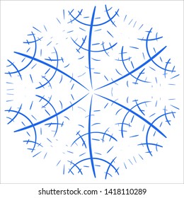 Blue snowflake on a white background in the style of hand-drawing lines. For design themes of winter, cold. Abstract background for website, print of cards, invitations, business cards.
