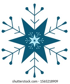 blue snowflake is on a white background. Snowflake is complicated, it has similar snowflake inside itself