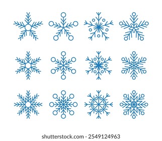Blue snowflake outline icon set. Snow and cold winter symbol.