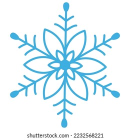 Blue snowflake with a round center and two flowers around it.