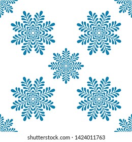 Blue snowflake seamless pattern. Fashion background for wallpaper, scrap booking and textile. Abstract wrapping decoration. Winter symbol of Christmas and New Year holidays. Vector illustration.
