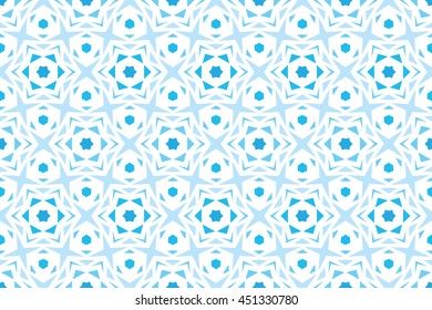 Blue snowflake seamless pattern, star cyan icon backdrop, hexagon shape background, geometric design