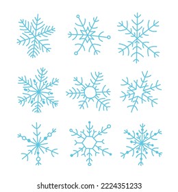 Copo de nieve azul simple colección de iconos dibujados a mano aislados en fondo blanco. Año nuevo, elementos de diseño navideño, nieve de invierno, cristal helado congelado, símbolo de heladas navideñas