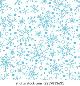 Patrón sin fisuras del simple vector dibujado a mano con copo de nieve azul. Año nuevo, textura navideña, nieve de invierno, cristal helado congelado, símbolo de heladas navideñas