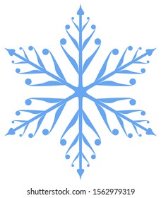Blue snowflake with six rays and curved details.