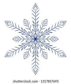 Blue snowflake with six rays on a white background.