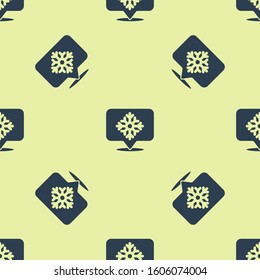 Blue Snowflake with speech bubble icon isolated seamless pattern on yellow background. Merry Christmas and Happy New Year.  Vector Illustration