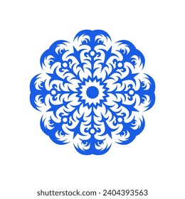 Blue snowflake, symbol of winter. Abstract lace, repeating circular pattern. Flat style. Vector illustration.