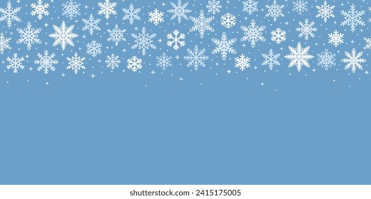 Blue snowflake vector backgorund, snow confetti wallpaper, elegant holiday banner for winter celebrations with stars
