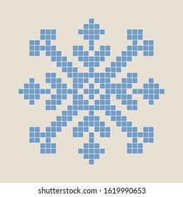Blue snowflake with white outline. Pixel style. Embroidery. Slavic sign. Isolated vector illustration.