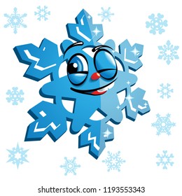 The blue snowflake winks with an eye. Isolated, vector illustration.