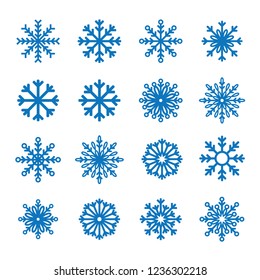 Blue snowflake winter set collection isolated on white background. Snow icons, silhouette for Christmas and New Year banner, cards. Vector and illustration.