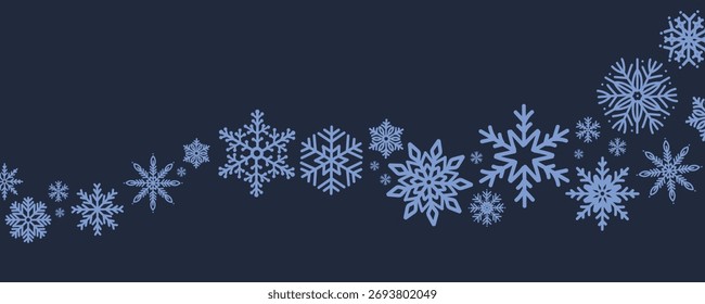 Borde de copos de nieve azul sobre fondo oscuro. Guirnalda invernal mínima para Navidades y decoración de Año Nuevo. Diseño festivo escarchado para tarjeta de felicitación o Anuncio. Ilustración vectorial plana.