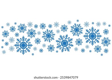 Borde de copos de nieve azul sobre fondo blanco. Feliz Navidades y feliz año Nuevo decoración.