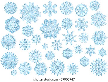 blue snowflakes collection on white background
