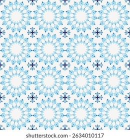 Blue snowflakes damask seamless pattern vector illustration. Traditional style. Elegant luxury Victorian texture for wallpapers, backgrounds, and page fill. Baroque style.