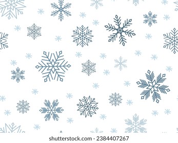 Blue Snowflakes of different sizes on white background. Seamless Pattern. Winter snowfall ornament. Falling snow