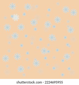 Blue snowflakes of different sizes and transparency on a beige background. Vector illustration, pattern. Winter concept.