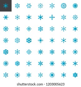 Blue snowflakes elements collection, flat icons set, Colorful symbols pack contains - snow, flake, winter, decoration, Christmas. Vector illustration. Flat style design