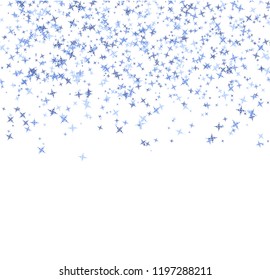 Blue snowflakes falling from the sky on white background. Abstract Background. Glitter pattern for banner. Vector illustration for winter holidays.