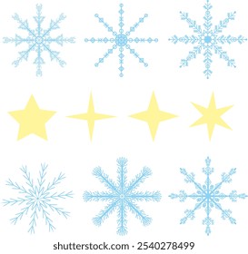 Blue snowflakes and gold stars set for winter themed projects, banners, backgrounds, invitations to holiday parties, winter weddings, festive gatherings, prints, calendars, planners, newsletters.