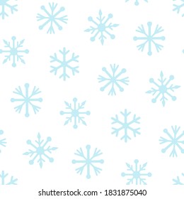 Blue snowflakes hand drawn pattern. Cute vector illustrations isolated on white.
