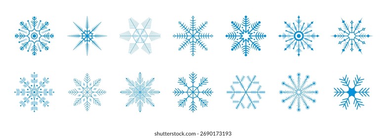 Blue snowflakes icon vector set, isolated Christmas snowflake silhouette collection. Linear snowflakes symbol elements for Christmas banner, winter holidays and new year cards.