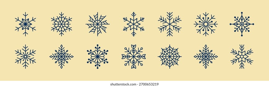 Copos de nieve azules sobre fondo beige. Elegante colección invernal mínima para Navidades y diseño de temporada. Conjunto festivo limpio. Ilustración vectorial.