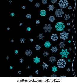 Blue snowflakes on black background poster. Hand drawn design with abstract winter doodles. Vector Merry Christmas and Happy New Year lettering quote.