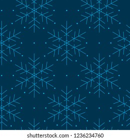Blue snowflakes on dark blue background. Vector seamless pattern. Christmas and New Year mood. Winter theme.